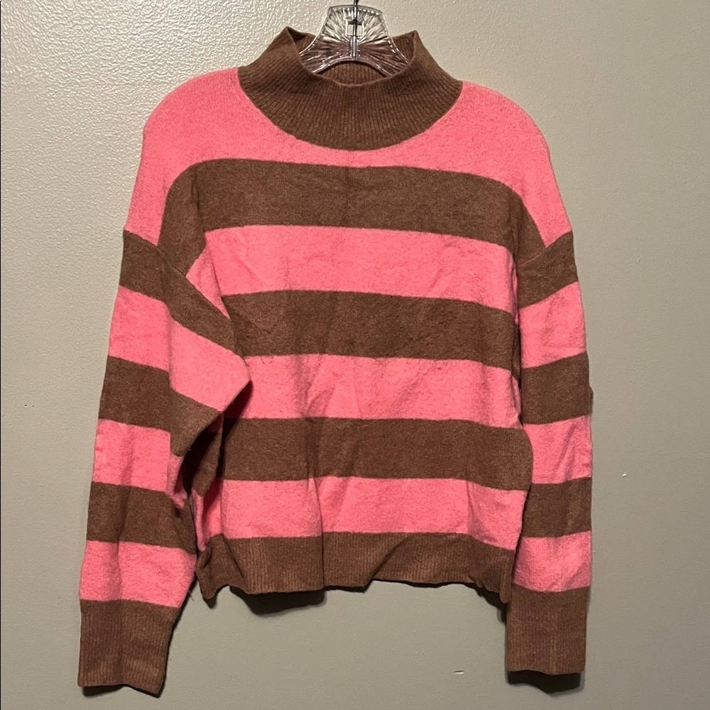 J. Crew Pink and Brown Striped mock neck Sweater extra-soft, women’s small - Picture 3 of 9